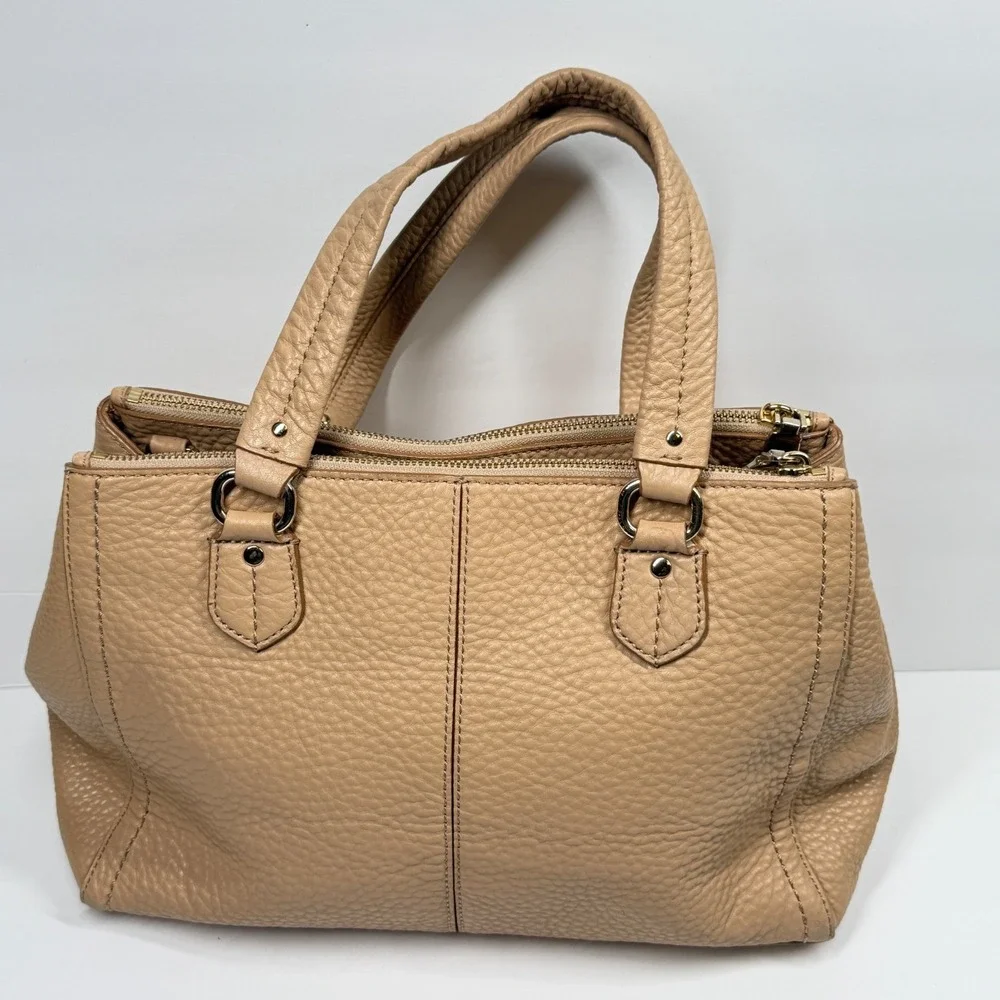 Cole Haan Satchel Beige Pebbled Leather Triple Zip Compartments Medium